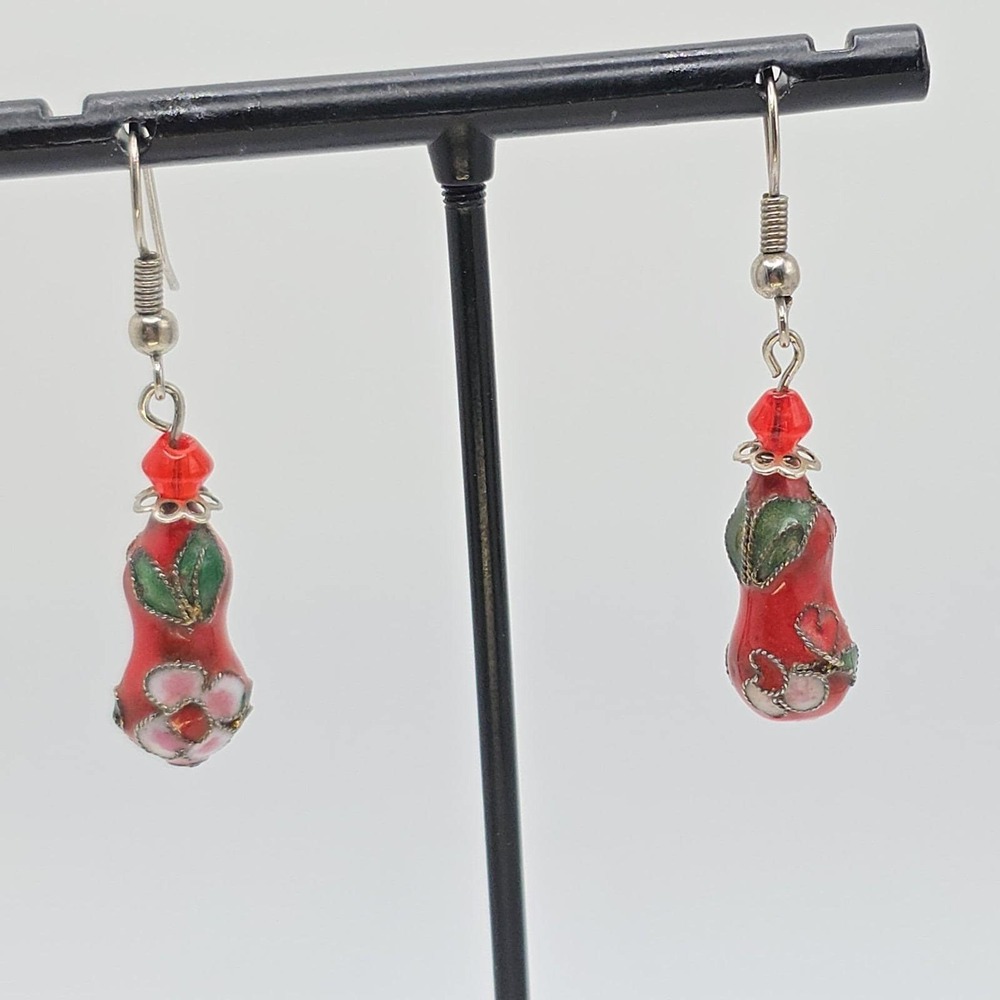 Vtg Cloisonne Drop Earrings Floral Enamel Lampwork Pink Flowers Green Leaves